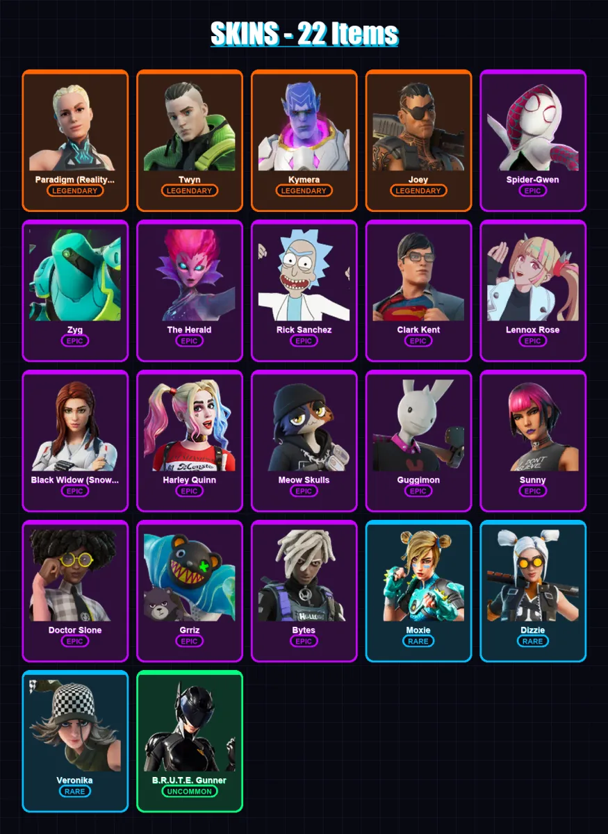 [PC/XBOX/PSN] | Paradigm (Reality-659) | Twyn | Kymera | Joey | Spider-Gwen | 22 skin | 21 pickaxe | 12 emote | 21 glider | Lv260