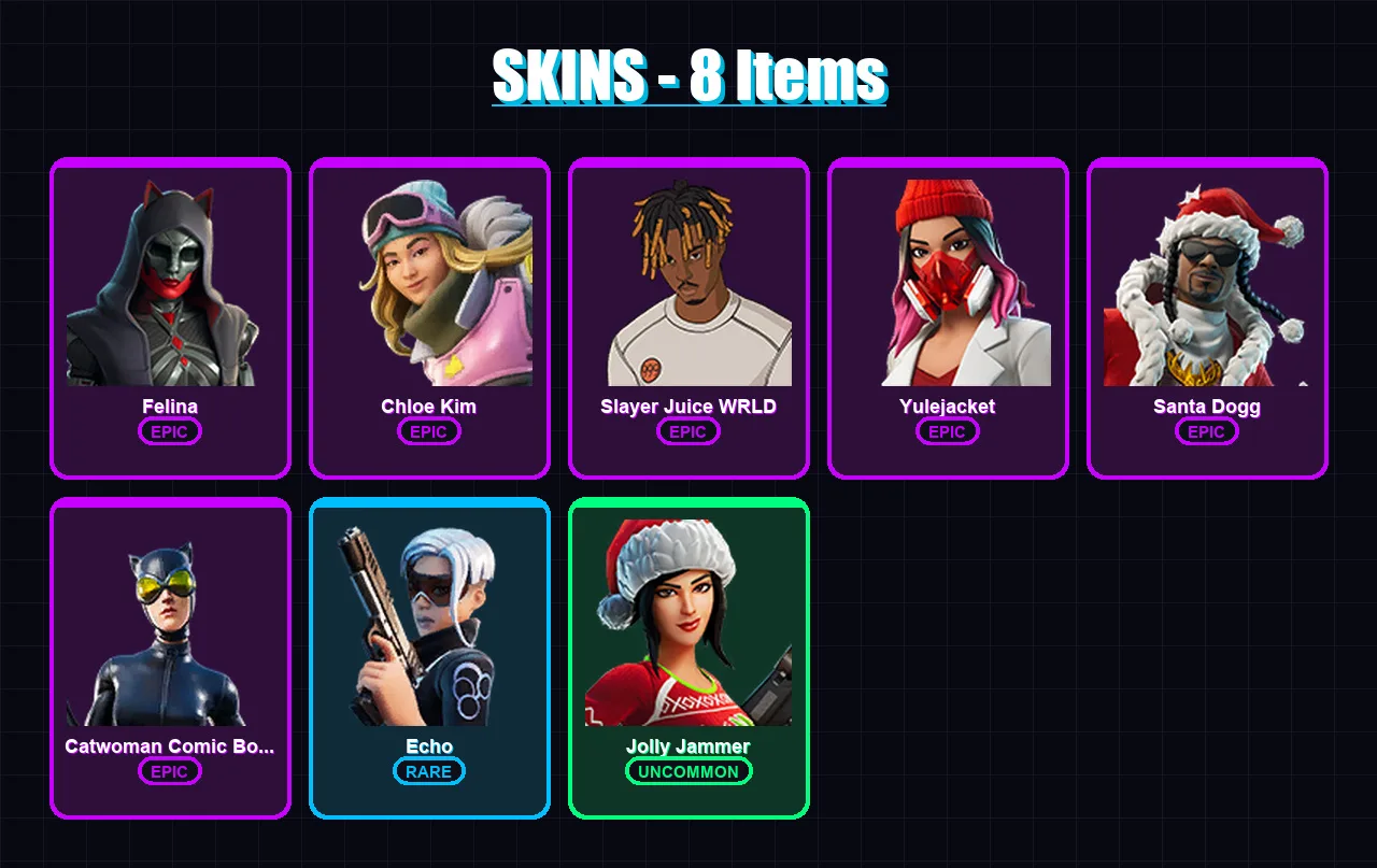 [PC/XBOX/PSN] | Felina | Chloe Kim | Slayer Juice WRLD | Yulejacket | Santa Dogg | 8 skin | 43 pickaxe | 19 emote | 28 glider | Lv915