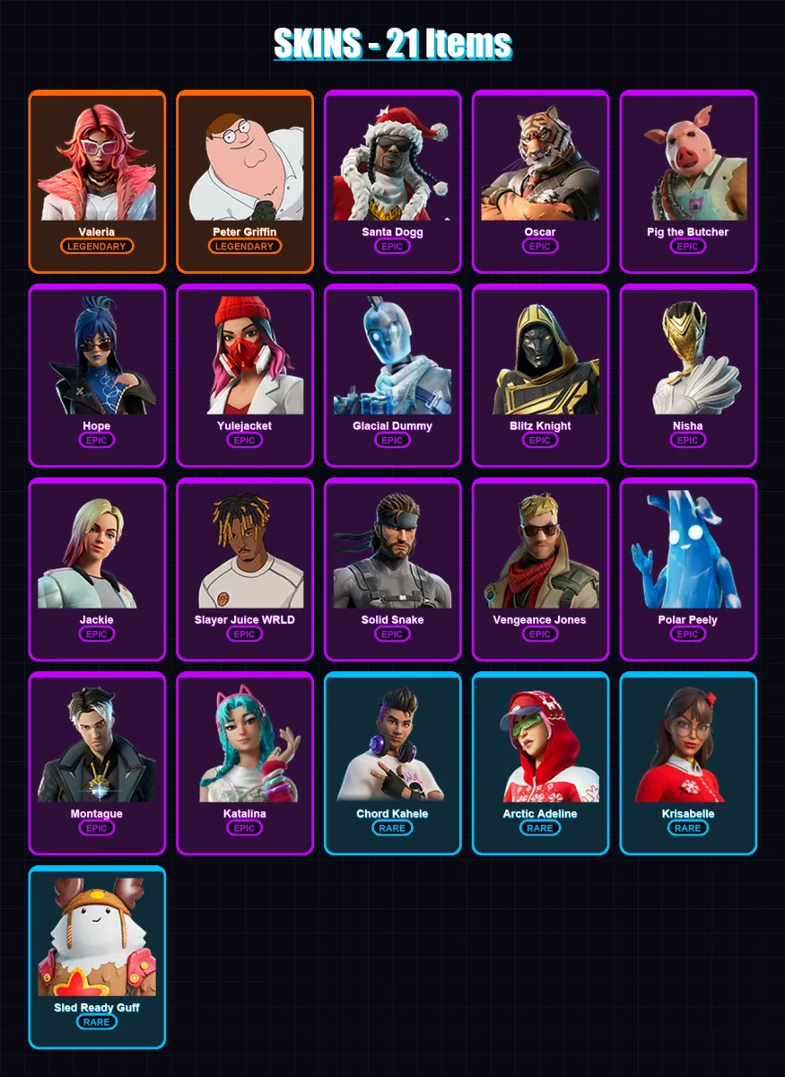 [PS4/PS5/XBOX/PC] | Valeria | Peter Griffin | Santa Dogg | Oscar | Pig the Butcher | 21 skin | 69 pickaxe | 23 emote | 37 glider | Lv631 — Fortnite account