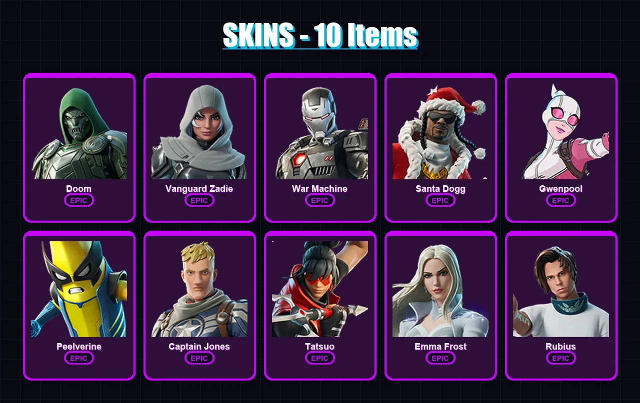 [PC/XBOX/PSN] | Doom | Vanguard Zadie | War Machine | Santa Dogg | Gwenpool | 10 skin | 53 pickaxe | 22 emote | 36 glider | Lv446