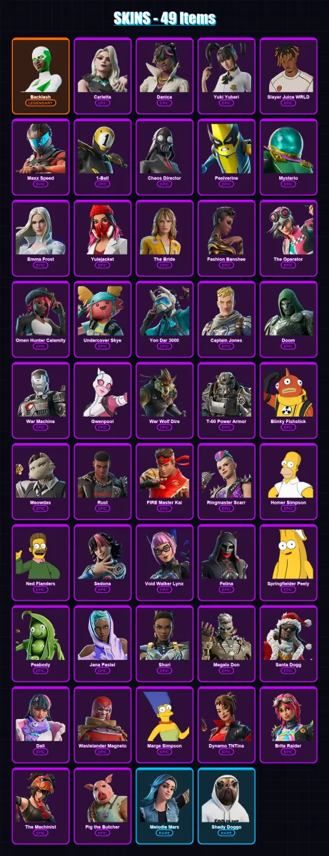 [PC/XBOX/PSN] | Backlash | Carletta | Danica | Yuki Yubari | Slayer Juice WRLD | 49 skin | 87 pickaxe | 55 emote | 61 glider | Lv900