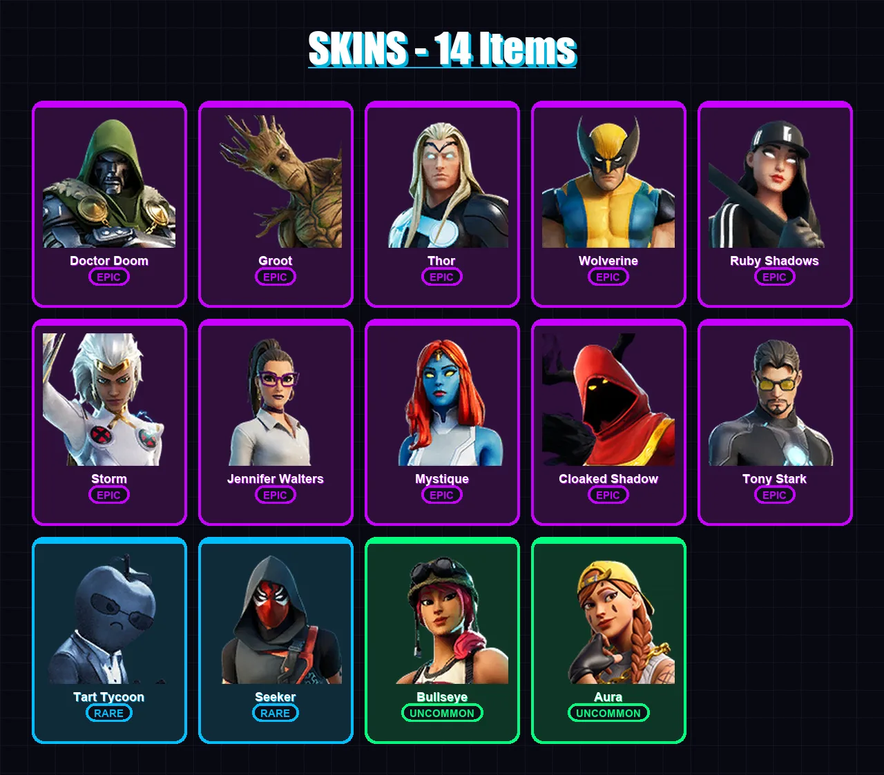 [PC/XBOX/PSN] | Doctor Doom | Groot | Thor | Wolverine | Ruby Shadows | 14 skin | 20 pickaxe | 19 emote | 18 glider | Lv445