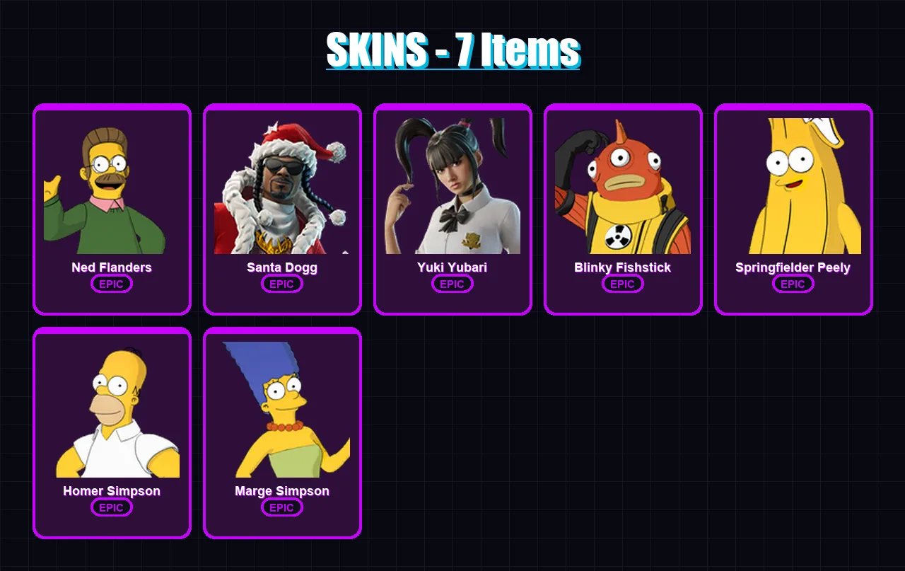 [PC/XBOX/PSN] | Ned Flanders | Santa Dogg | Yuki Yubari | Blinky Fishstick | Springfielder Peely | 7 skin | 34 pickaxe | 16 emote | 21 glider | Lv31