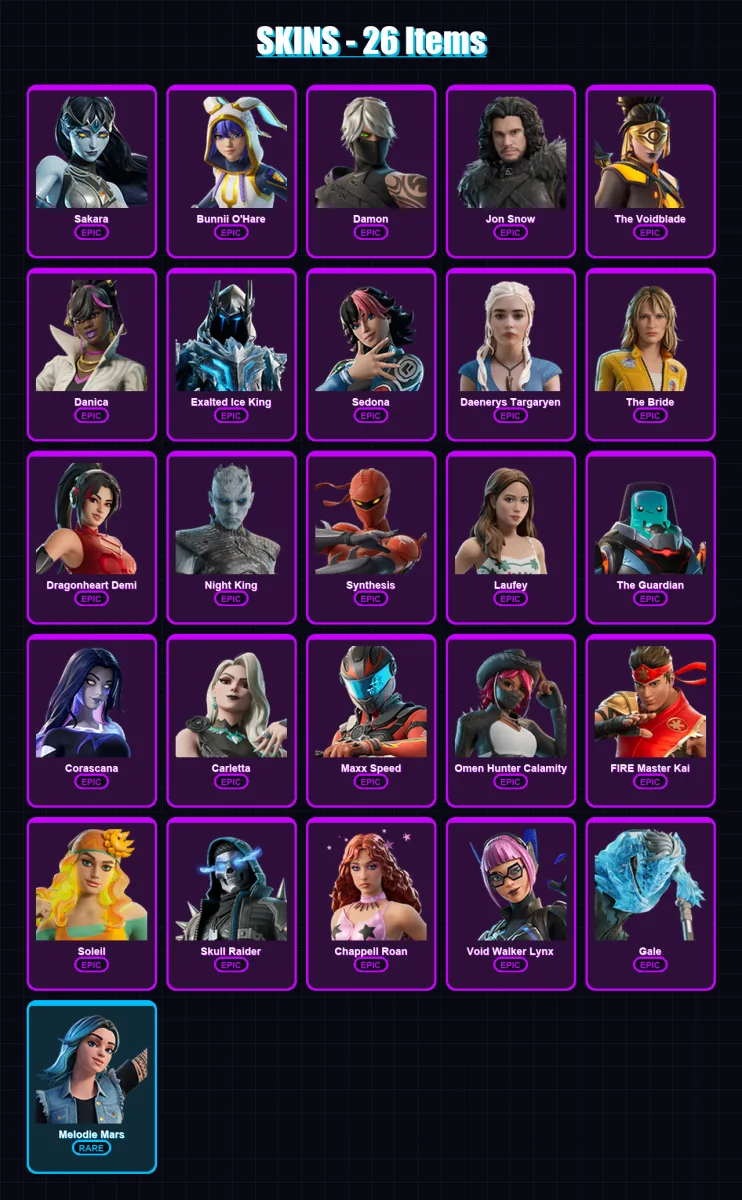 [PC/XBOX/PSN] | Sakara | Bunnii O'Hare | Damon | Jon Snow | The Voidblade | 26 skin | 17 pickaxe | 3 emote | 7 glider | Lv42