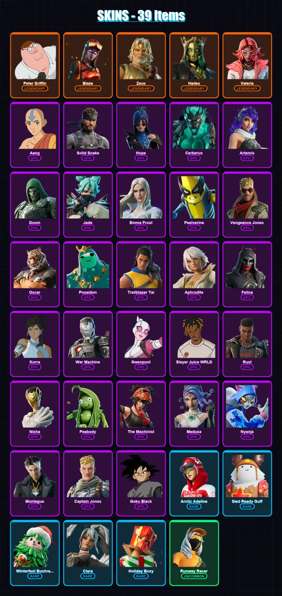 [PC] | Peter Griffin | Blaze | Zeus | Hades | Valeria | 39 skin | 61 pickaxe | 49 emote | 58 glider | Lv832
