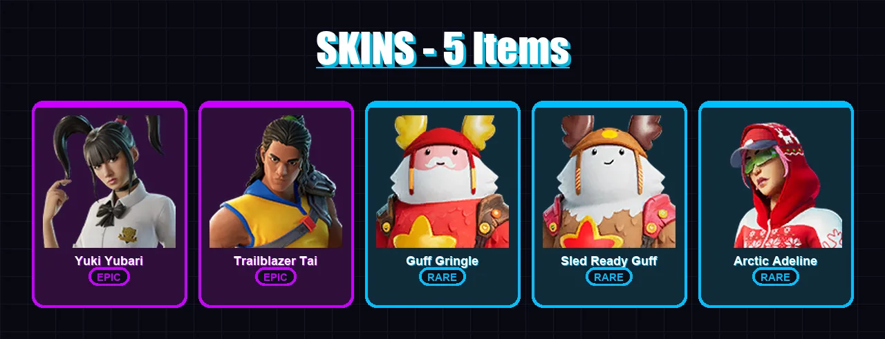 [PC/XBOX/PSN] | Yuki Yubari | Trailblazer Tai | Guff Gringle | Sled Ready Guff | Arctic Adeline | 5 skin | 11 pickaxe | 8 emote | 11 glider | Lv113