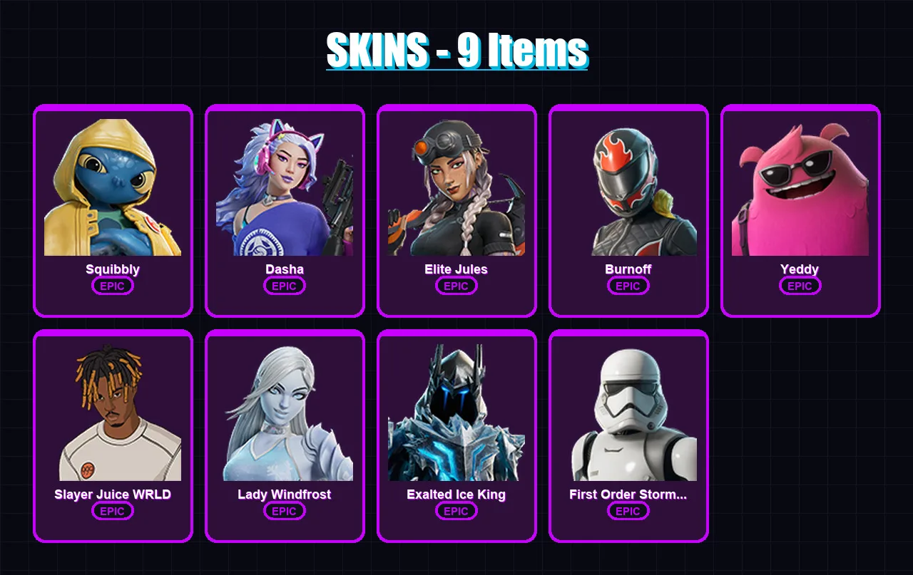 [PC/XBOX/PSN] | Squibbly | Dasha | Elite Jules | Burnoff | Yeddy | 9 skin | 30 pickaxe | 12 emote | 20 glider | Lv200