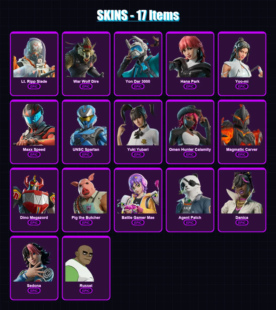 [PC/XBOX/PSN] | Lt. Ripp Slade | War Wolf Dire | Yon Dar 3000 | Hana Park | Yoo-mi | 17 skin | 33 pickaxe | 25 emote | 23 glider | Lv191