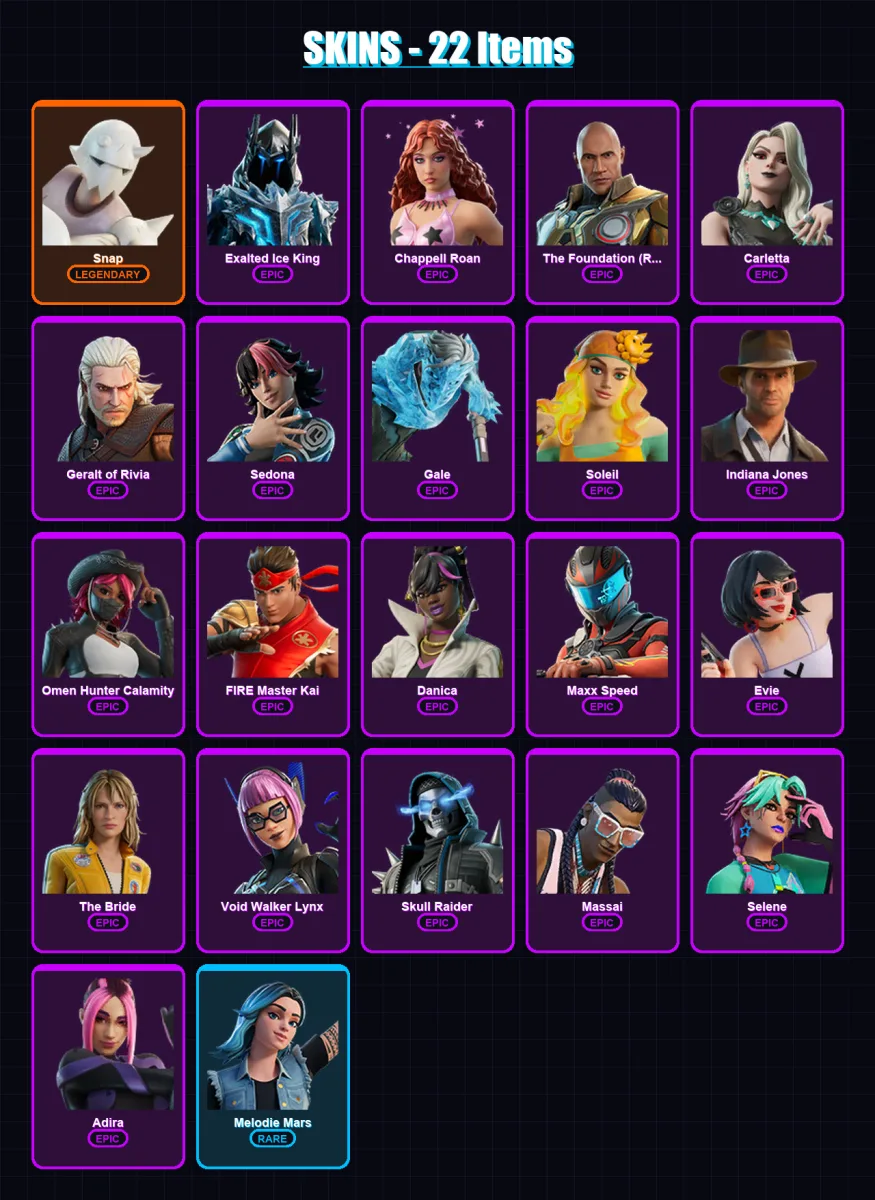 [PC/XBOX/PSN] | Snap | Exalted Ice King | Chappell Roan | The Foundation (Reforged) | Carletta | 22 skin | 25 pickaxe | 13 emote | 21 glider | Lv156