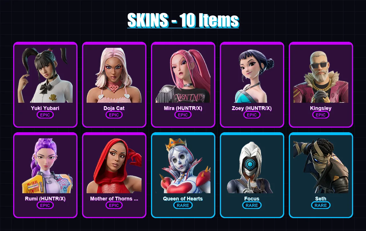 [PS4/PS5/XBOX/PC] | Yuki Yubari | Doja Cat | Mira (HUNTR/X) | Zoey (HUNTR/X) | Kingsley | 10 skin | 15 pickaxe | 10 emote | 5 glider | Lv37
