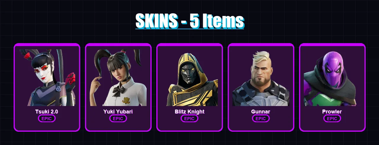 [PC/XBOX/PSN] | Tsuki 2.0 | Yuki Yubari | Blitz Knight | Gunnar | Prowler | 5 skin | 11 pickaxe | 6 emote | 12 glider | Lv71