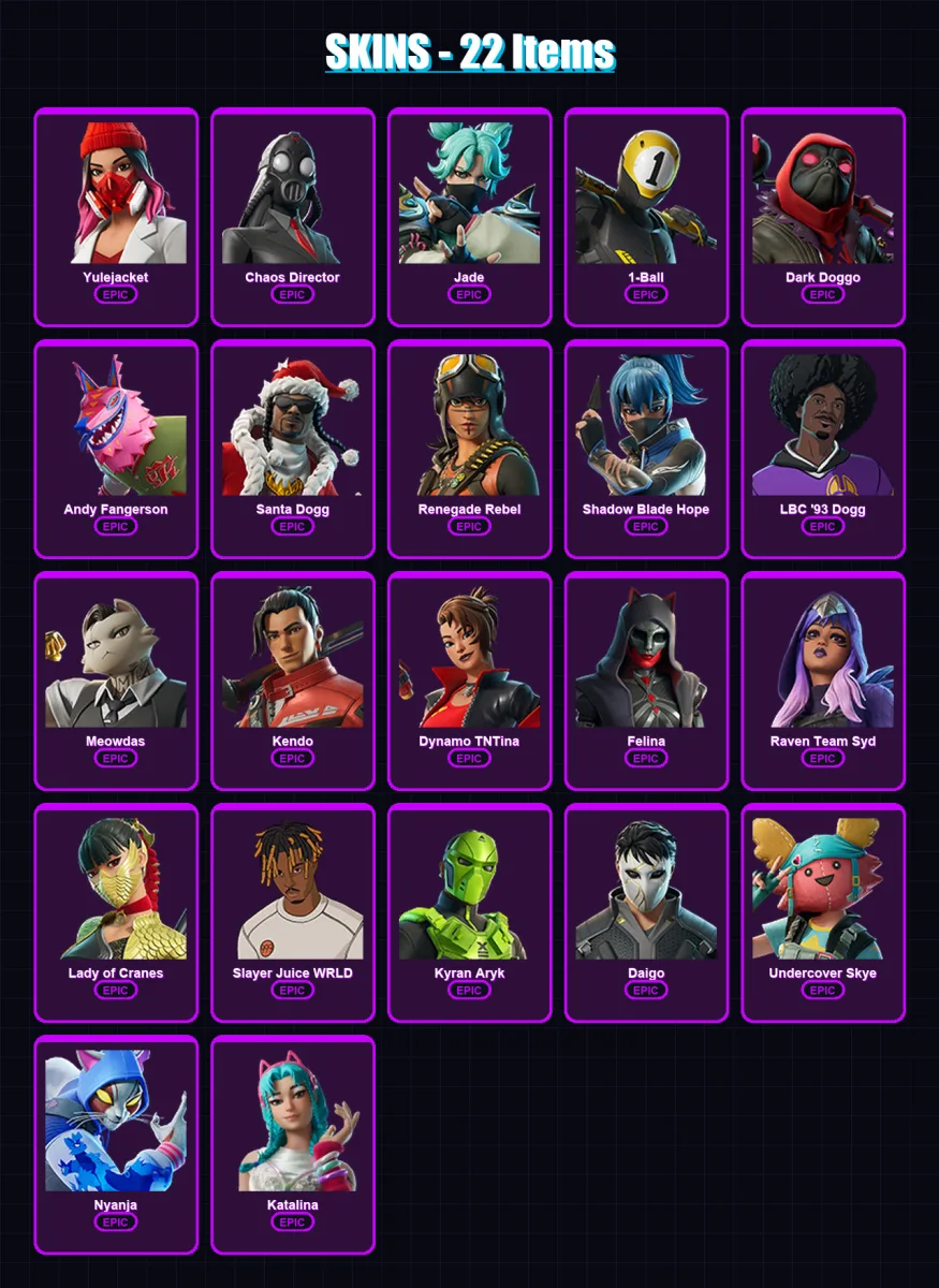 [PC/XBOX/PSN] | Yulejacket | Chaos Director | Jade | 1-Ball | Dark Doggo | 22 skin | 33 pickaxe | 18 emote | 17 glider | Lv167