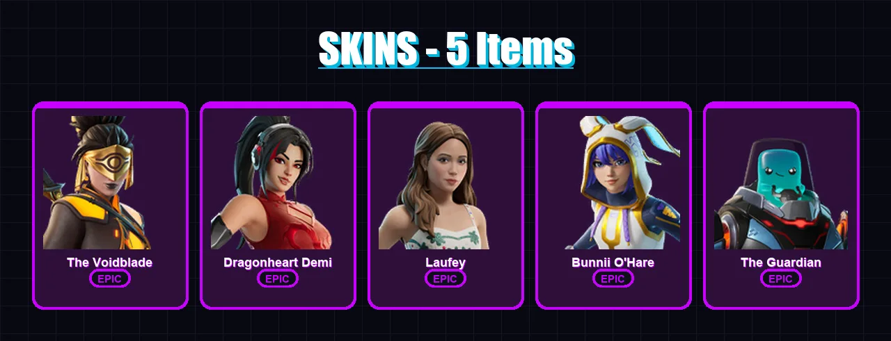 [PC/PSN] | The Voidblade | Dragonheart Demi | Laufey | Bunnii O'Hare | The Guardian | 5 skin | 3 pickaxe | 1 emote | 4 glider | Lv7