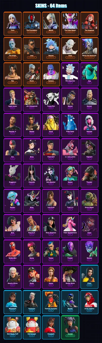 [PS4/PS5/XBOX/PC] | Torin | The Foundation | Mizuki | The Cube Queen | The Imagined | 64 skin | 77 pickaxe | 44 emote | 69 glider | Lv825