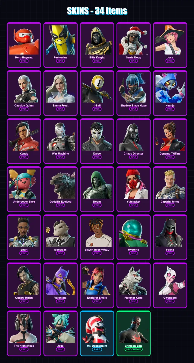 [PC/XBOX/PSN] | Hero Baymax | Peelverine | Blitz Knight | Santa Dogg | Joss | 34 skin | 71 pickaxe | 41 emote | 45 glider | Lv835