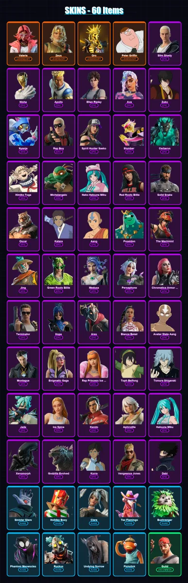 [PC/XBOX/PSN] | Valeria | Zeus | Oro | Peter Griffin | Slim Shady | 60 skin | 61 pickaxe | 62 emote | 28 glider | Lv215