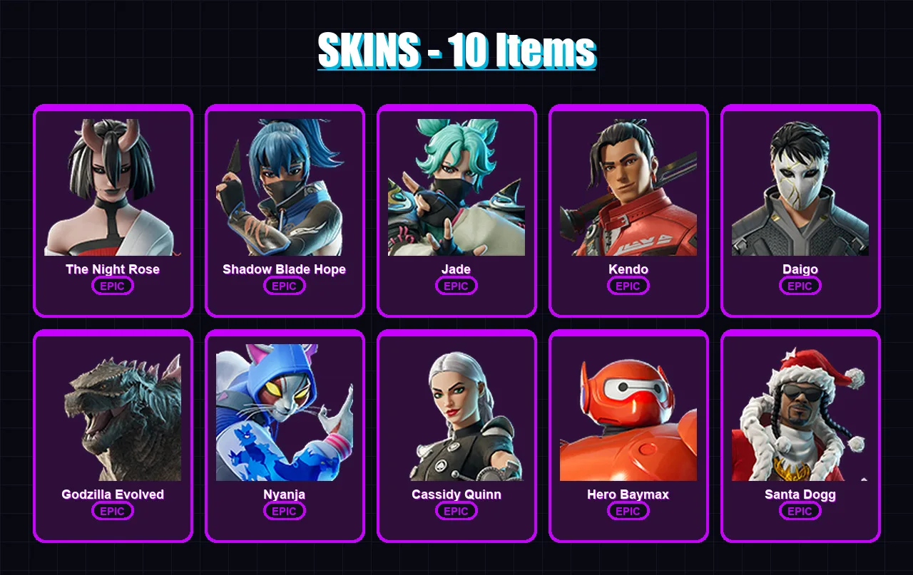 [PC/XBOX/PSN] | The Night Rose | Shadow Blade Hope | Jade | Kendo | Daigo | 10 skin | 21 pickaxe | 15 emote | 16 glider | Lv205