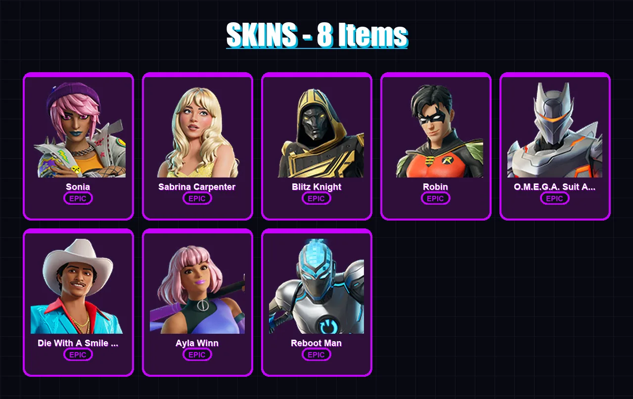 [PC/XBOX/PSN] | Sonia | Sabrina Carpenter | Blitz Knight | Robin | O.M.E.G.A. Suit Alpha | 8 skin | 9 pickaxe | 4 emote | 7 glider | Lv20