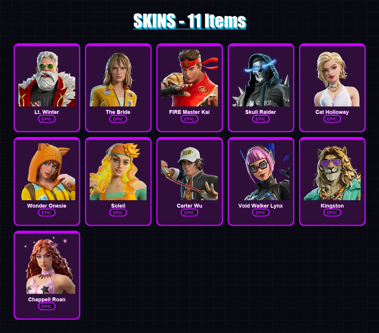 [PC/XBOX/PSN] | Lt. Winter | The Bride | FIRE Master Kai | Skull Raider | Cat Holloway | 11 skin | 16 pickaxe | 12 emote | 12 glider | Lv73