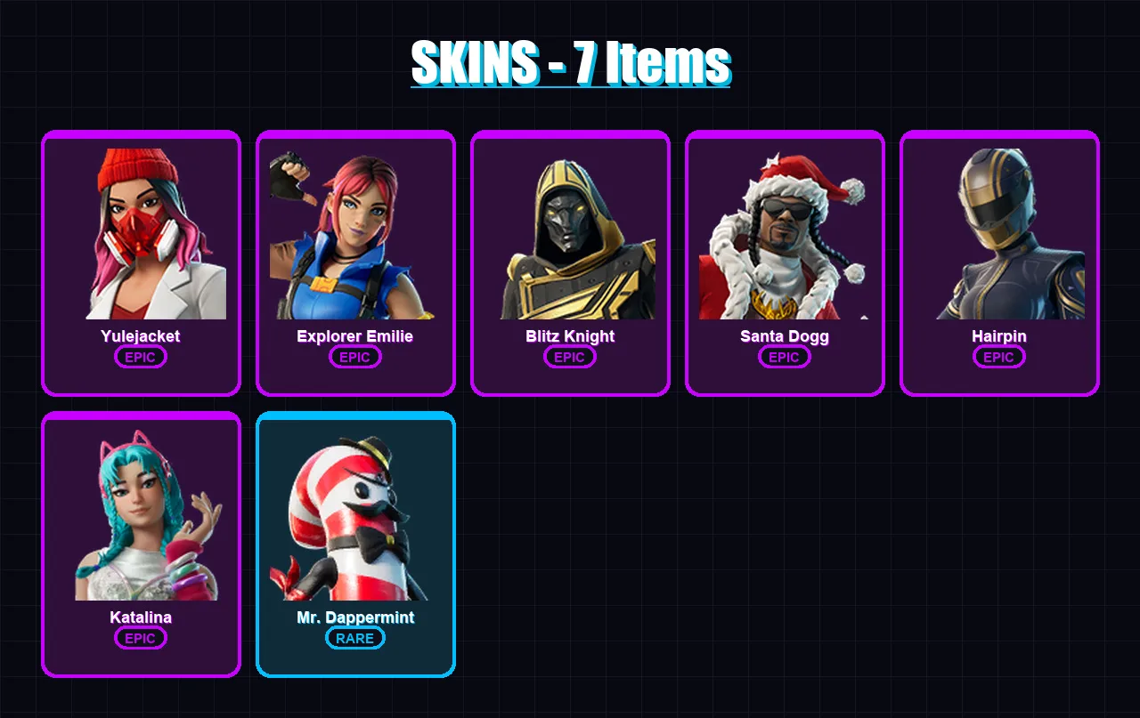 [PC/XBOX/PSN] | Yulejacket | Explorer Emilie | Blitz Knight | Santa Dogg | Hairpin | 7 skin | 20 pickaxe | 10 emote | 13 glider | Lv213
