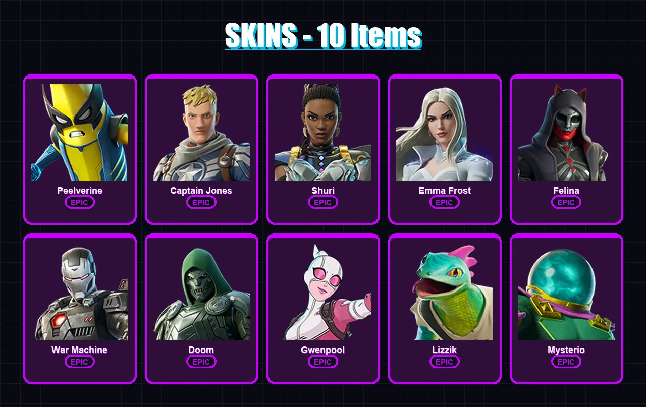 [PC/XBOX] | Peelverine | Captain Jones | Shuri | Emma Frost | Felina | 10 skin | 21 pickaxe | 12 emote | 15 glider | Lv215