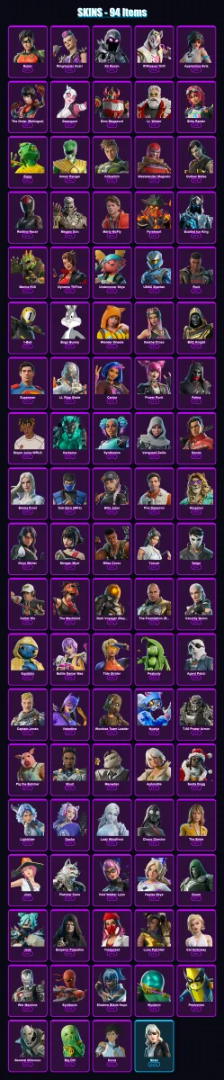 [PS4/PS5/XBOX/PC] | Robin | Ringmaster Scarr | Sir Raven | Riftreaver Drift | Apprentice Evie | 94 skin | 142 pickaxe | 93 emote | 98 glider | Lv121