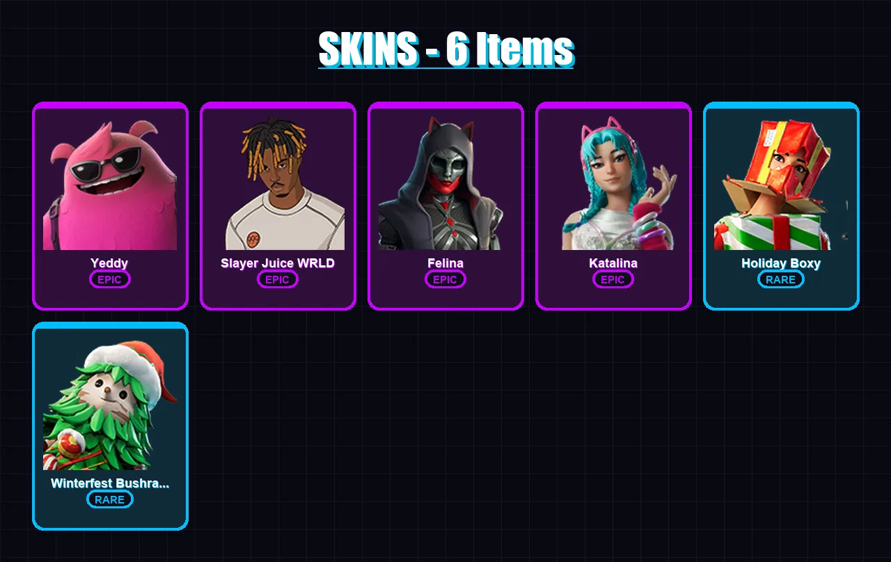 [PC/XBOX/PSN] | Yeddy | Slayer Juice WRLD | Felina | Katalina | Holiday Boxy | 6 skin | 29 pickaxe | 13 emote | 22 glider | Lv338
