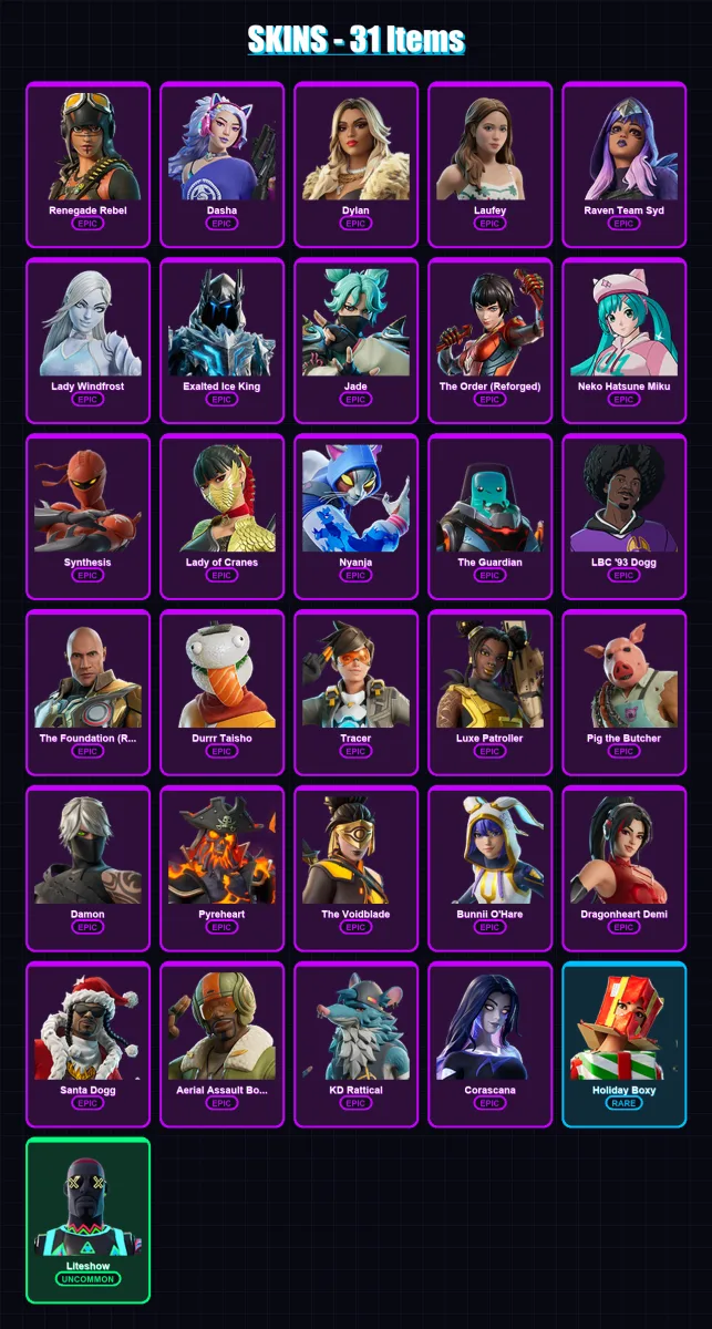 [PC/XBOX/PSN] | Renegade Rebel | Dasha | Dylan | Laufey | Raven Team Syd | 31 skin | 45 pickaxe | 20 emote | 24 glider | Lv191