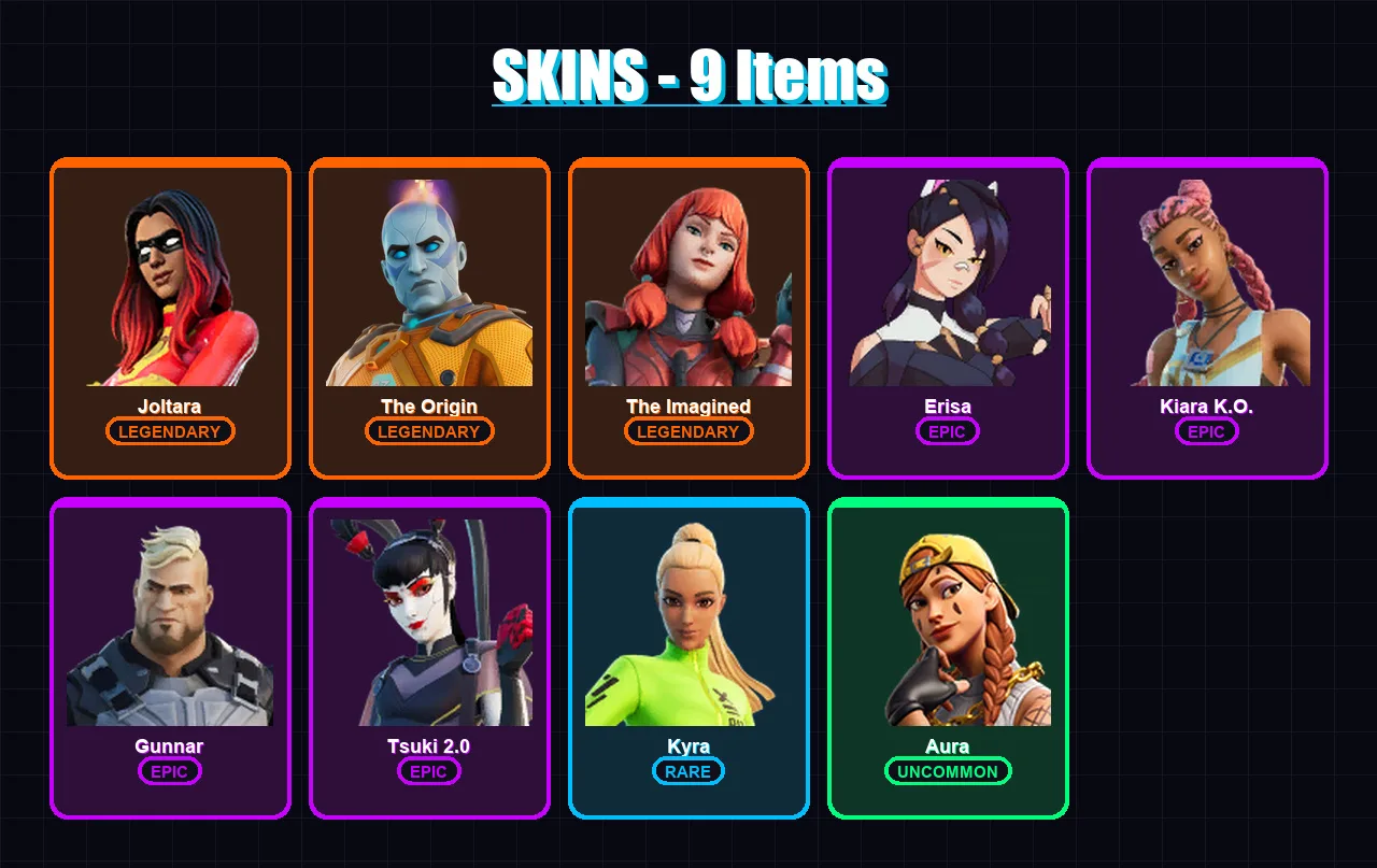 [PC/XBOX/PSN] | Joltara | The Origin | The Imagined | Erisa | Kiara K.O. | 9 skin | 14 pickaxe | 12 emote | 10 glider | Lv161
