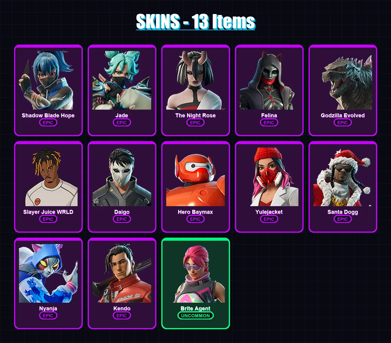 [PC/XBOX/PSN] | Shadow Blade Hope | Jade | The Night Rose | Felina | Godzilla Evolved | 13 skin | 51 pickaxe | 25 emote | 37 glider | Lv401 — Game account