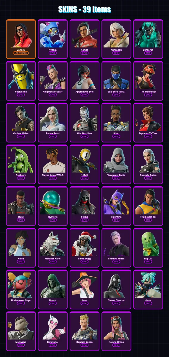 [SWITCH/XBOX/PSN/PC] | Joltara | Nyanja | Kendo | Aphrodite | Cerberus | 39 skin | 65 pickaxe | 47 emote | 47 glider | Lv483