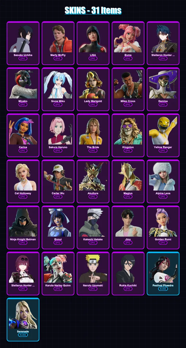 [PC/XBOX/PSN] | Sasuke Uchiha | Marty McFly | LISA | Esme | Stellaron Hunter Blade | 31 skin | 32 pickaxe | 37 emote | 13 glider | Lv97
