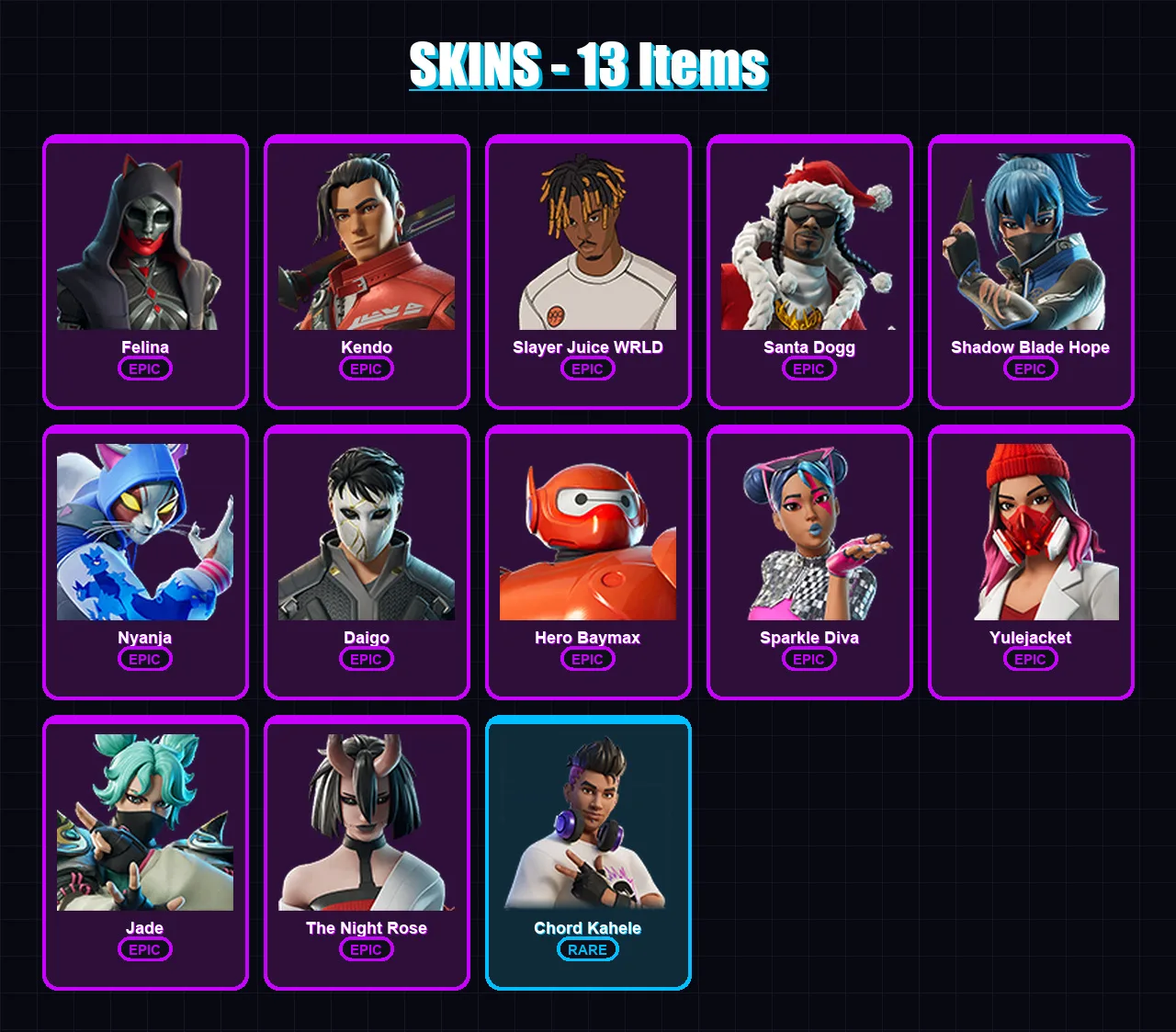 [PS4/PS5/XBOX/PC] | Felina | Kendo | Slayer Juice WRLD | Santa Dogg | Shadow Blade Hope | 13 skin | 23 pickaxe | 14 emote | 15 glider | Lv247