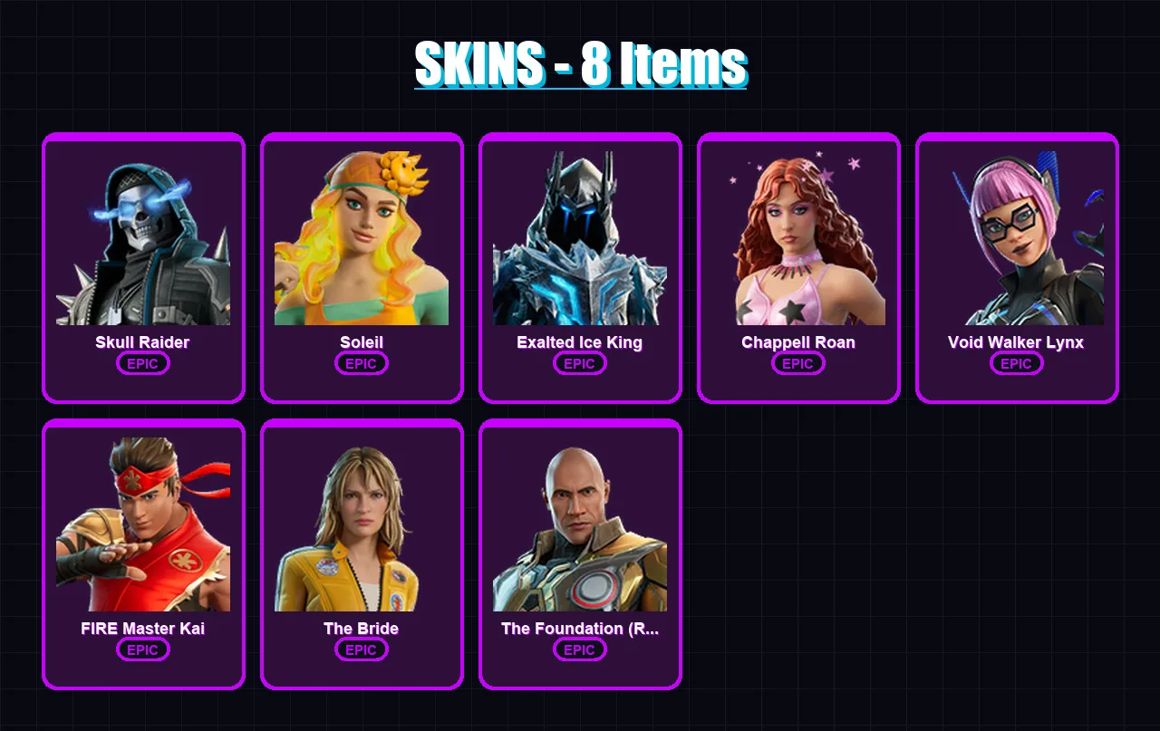 [PC/PSN] | Skull Raider | Soleil | Exalted Ice King | Chappell Roan | Void Walker Lynx | 8 skin | 6 pickaxe | 1 emote | 4 glider | Lv22