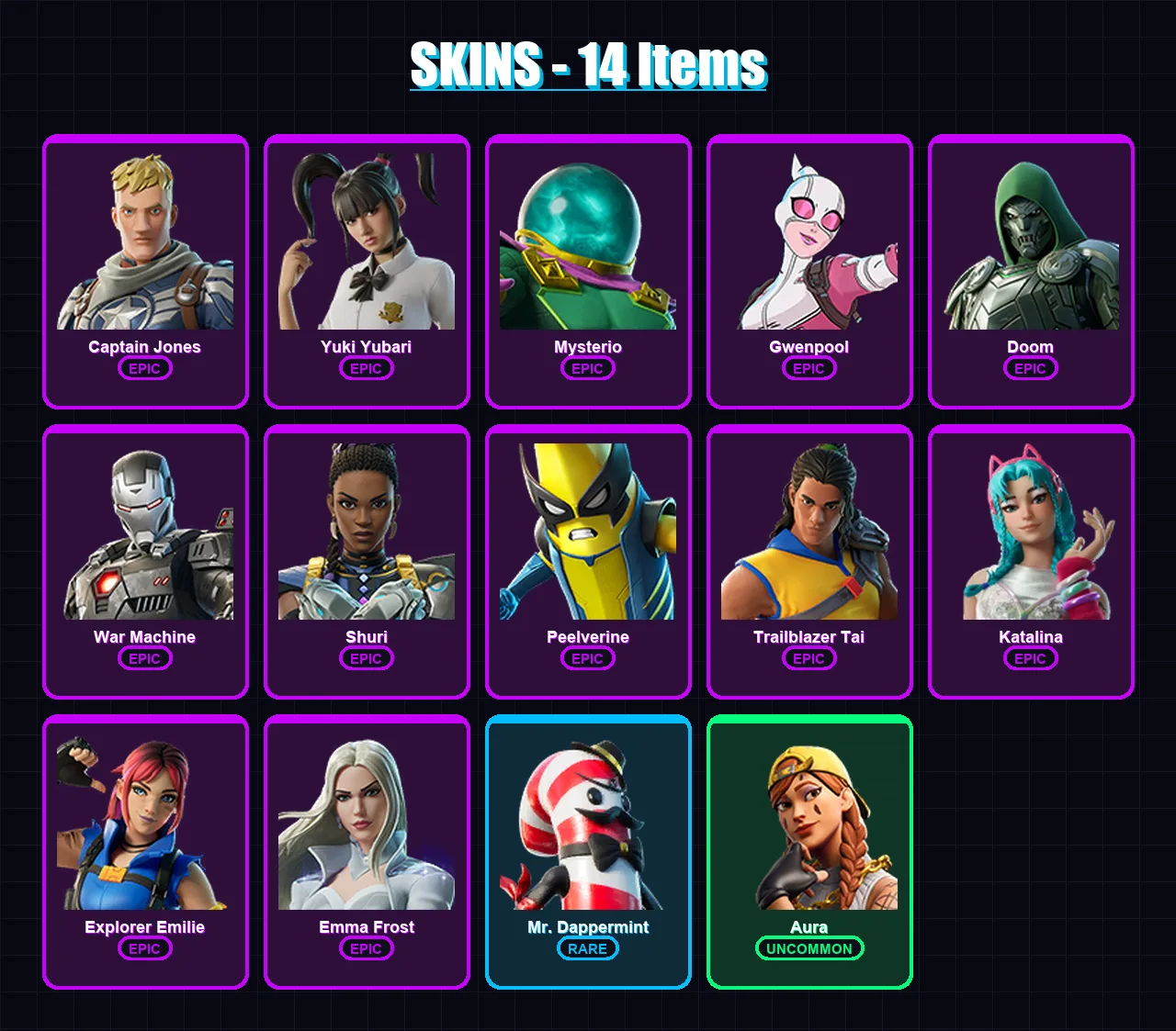 [PC/XBOX/PSN] | Captain Jones | Yuki Yubari | Mysterio | Gwenpool | Doom | 14 skin | 28 pickaxe | 19 emote | 24 glider | Lv562 — Fortnite account