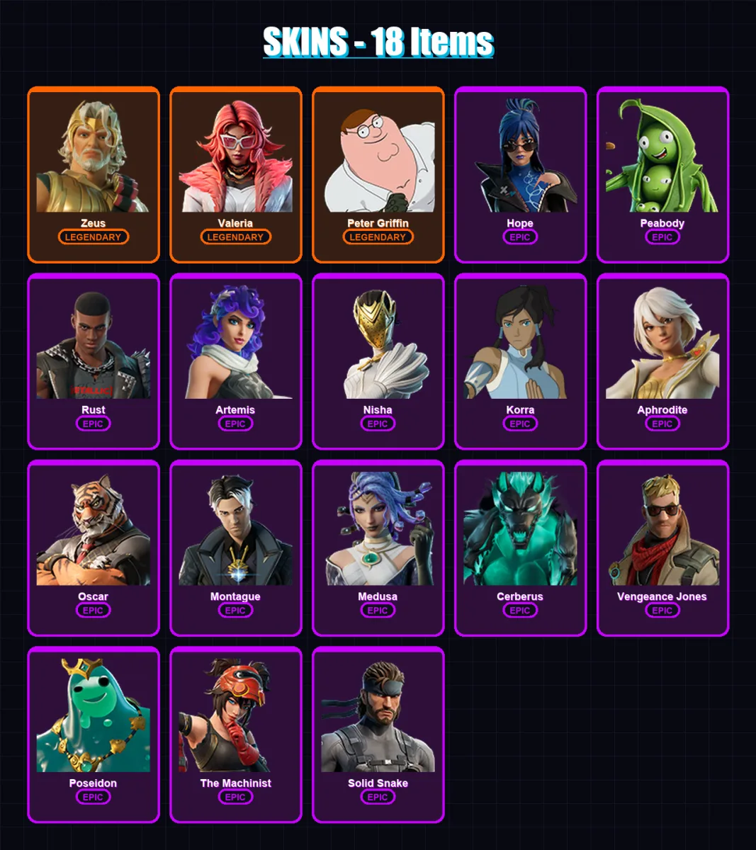[SWITCH/XBOX/PSN/PC] | Zeus | Valeria | Peter Griffin | Hope | Peabody | 18 skin | 24 pickaxe | 20 emote | 23 glider | Lv241 — Fortnite account