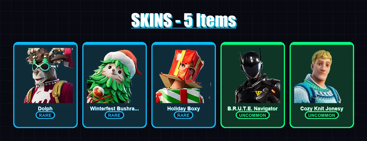 [PC/PSN] | Dolph | Winterfest Bushranger | Holiday Boxy | B.R.U.T.E. Navigator | Cozy Knit Jonesy | 5 skin | 9 pickaxe | 5 emote | 9 glider | Lv109