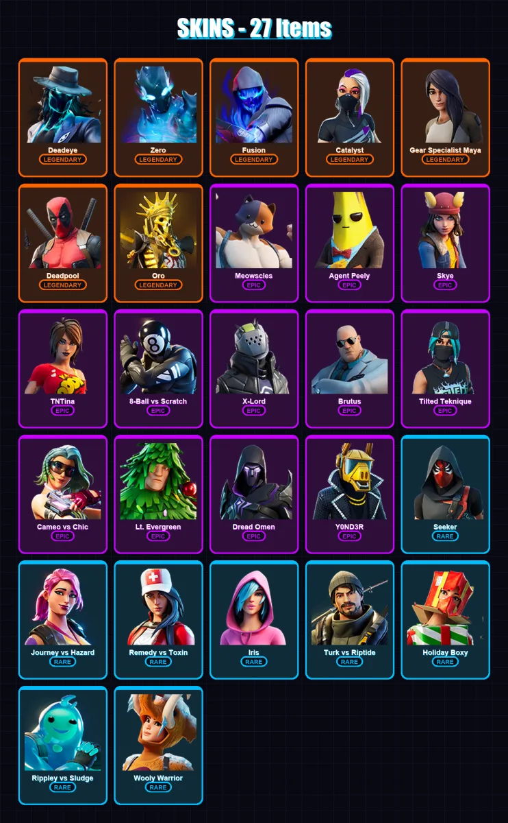 [PC/XBOX/PSN] | Deadeye | Zero | Fusion | Catalyst | Gear Specialist Maya | 27 skin | 31 pickaxe | 41 emote | 32 glider | Lv441