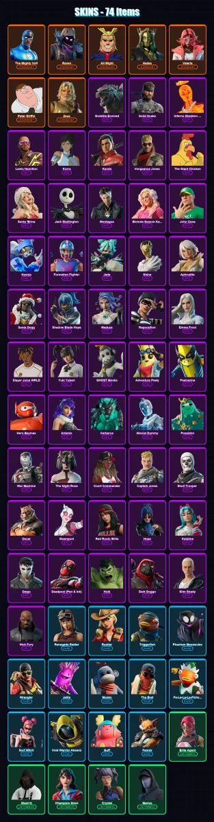 [PC/XBOX] | The Mighty Volt | Raven | All Might | Hades | Valeria | 74 skin | 78 pickaxe | 63 emote | 50 glider | Lv873