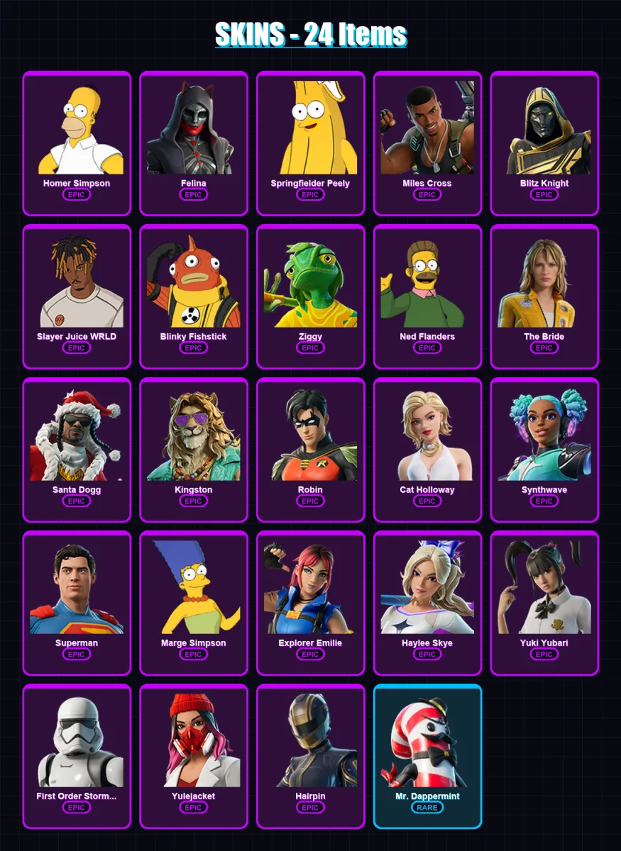 [PC/PSN] | Homer Simpson | Felina | Springfielder Peely | Miles Cross | Blitz Knight | 24 skin | 71 pickaxe | 32 emote | 44 glider | Lv501