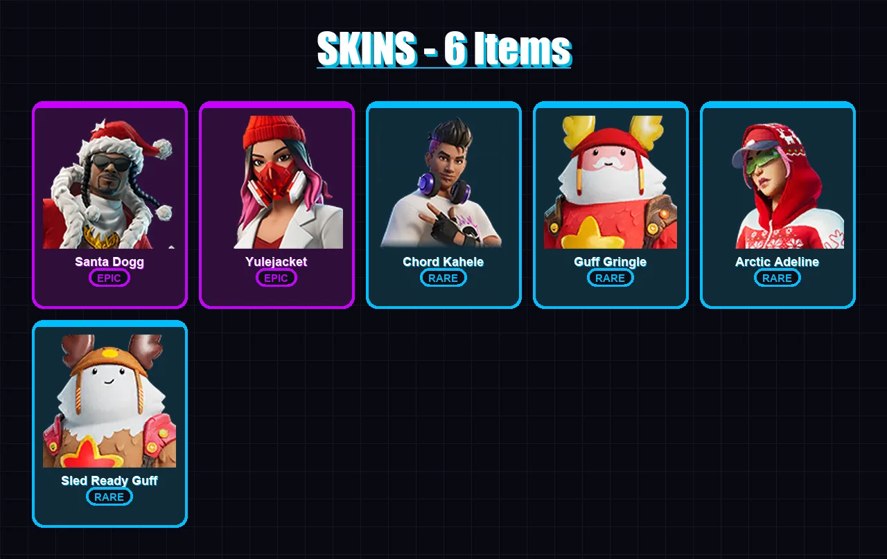 [PC/XBOX/PSN] | Santa Dogg | Yulejacket | Chord Kahele | Guff Gringle | Arctic Adeline | 6 skin | 10 pickaxe | 5 emote | 6 glider | Lv68