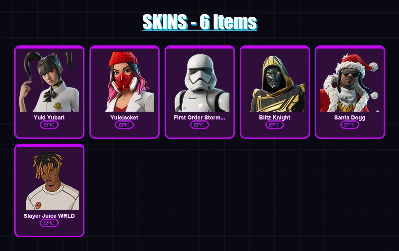 [PC/PSN] | Yuki Yubari | Yulejacket | First Order Stormtrooper | Blitz Knight | Santa Dogg | 6 skin | 26 pickaxe | 11 emote | 16 glider | Lv137