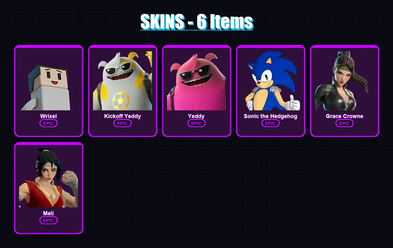 [PC/XBOX/PSN] | Wrixel | Kickoff Yeddy | Yeddy | Sonic the Hedgehog | Grace Crowne | 6 skin | 19 pickaxe | 10 emote | 19 glider | Lv294