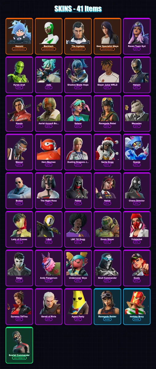 [PC/XBOX/PSN] | Nezumi | Backlash | The Ageless | Gear Specialist Maya | Raven Team Syd | 41 skin | 61 pickaxe | 39 emote | 46 glider | Lv615