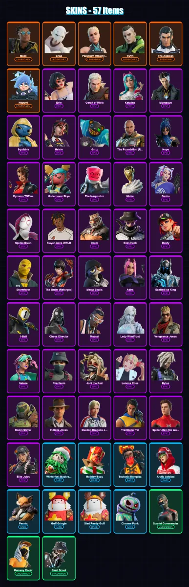 [PC/PSN] | Malik | Snap | Paradigm (Reality-659) | Twyn | The Ageless | 57 skin | 80 pickaxe | 44 emote | 61 glider | Lv692