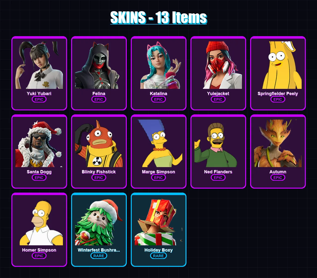 [PC/PSN] | Yuki Yubari | Felina | Katalina | Yulejacket | Springfielder Peely | 13 skin | 40 pickaxe | 18 emote | 30 glider | Lv323