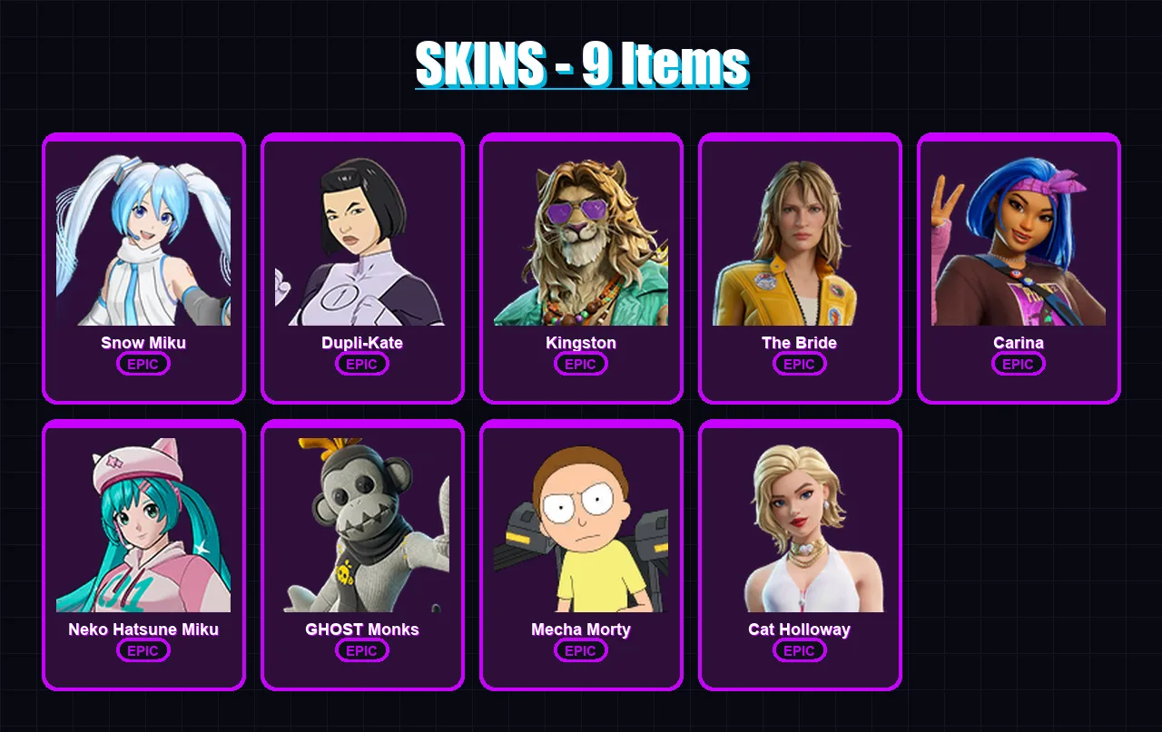[PC/PSN] | Snow Miku | Dupli-Kate | Kingston | The Bride | Carina | 9 skin | 34 pickaxe | 24 emote | 22 glider | Lv334 — Game account