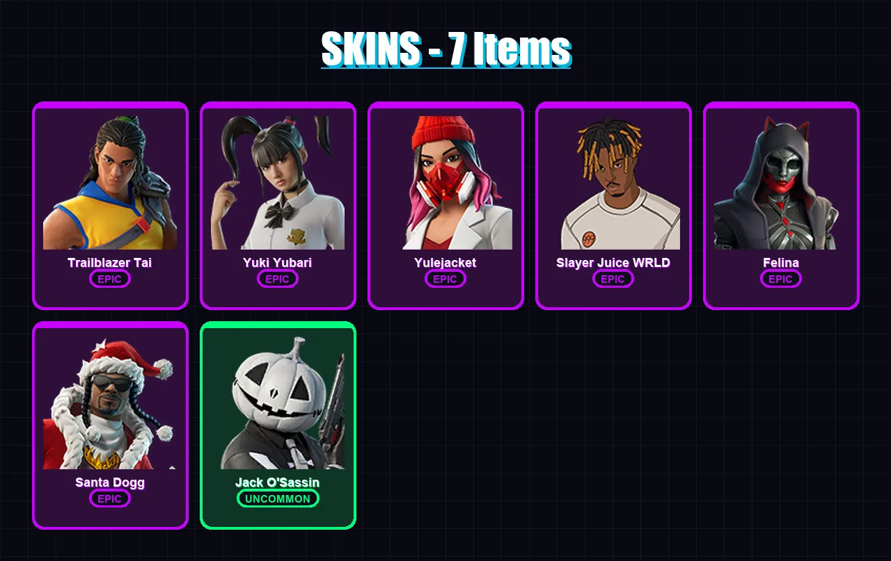 [PC/PSN] | Trailblazer Tai | Yuki Yubari | Yulejacket | Slayer Juice WRLD | Felina | 7 skin | 55 pickaxe | 25 emote | 32 glider | Lv510
