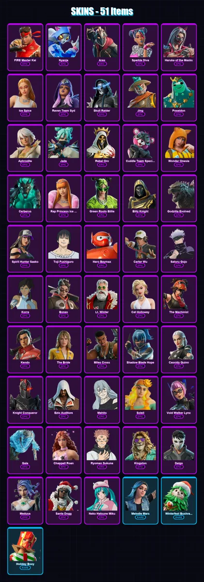[PC/XBOX/PSN] | FIRE Master Kai | Nyanja | Ares | Sparkle Diva | Haruka of the Masks | 51 skin | 77 pickaxe | 50 emote | 51 glider | Lv840