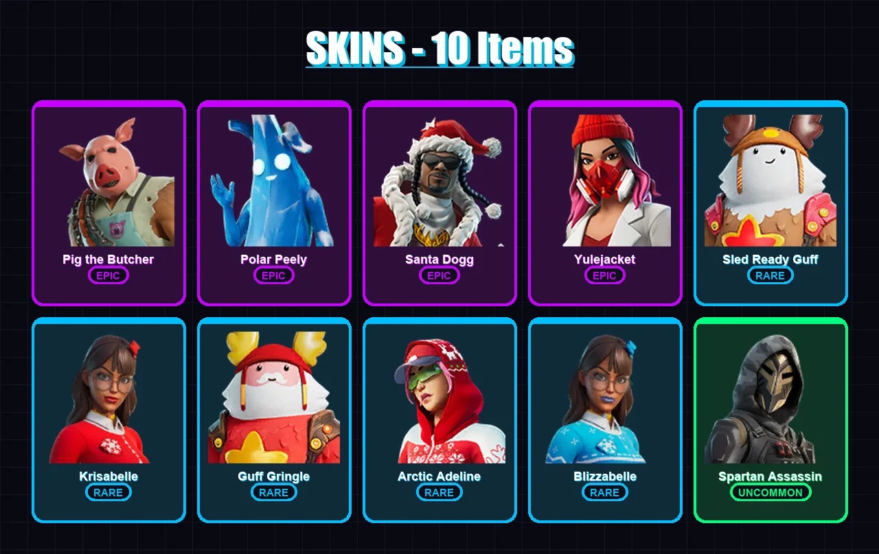 [PC/XBOX/PSN] | Pig the Butcher | Polar Peely | Santa Dogg | Yulejacket | Sled Ready Guff | 10 skin | 42 pickaxe | 18 emote | 29 glider | Lv454
